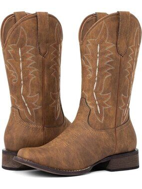Women's Brown Cowgirl Boots Western Mid Calf Pull On Comfortable Square Toe